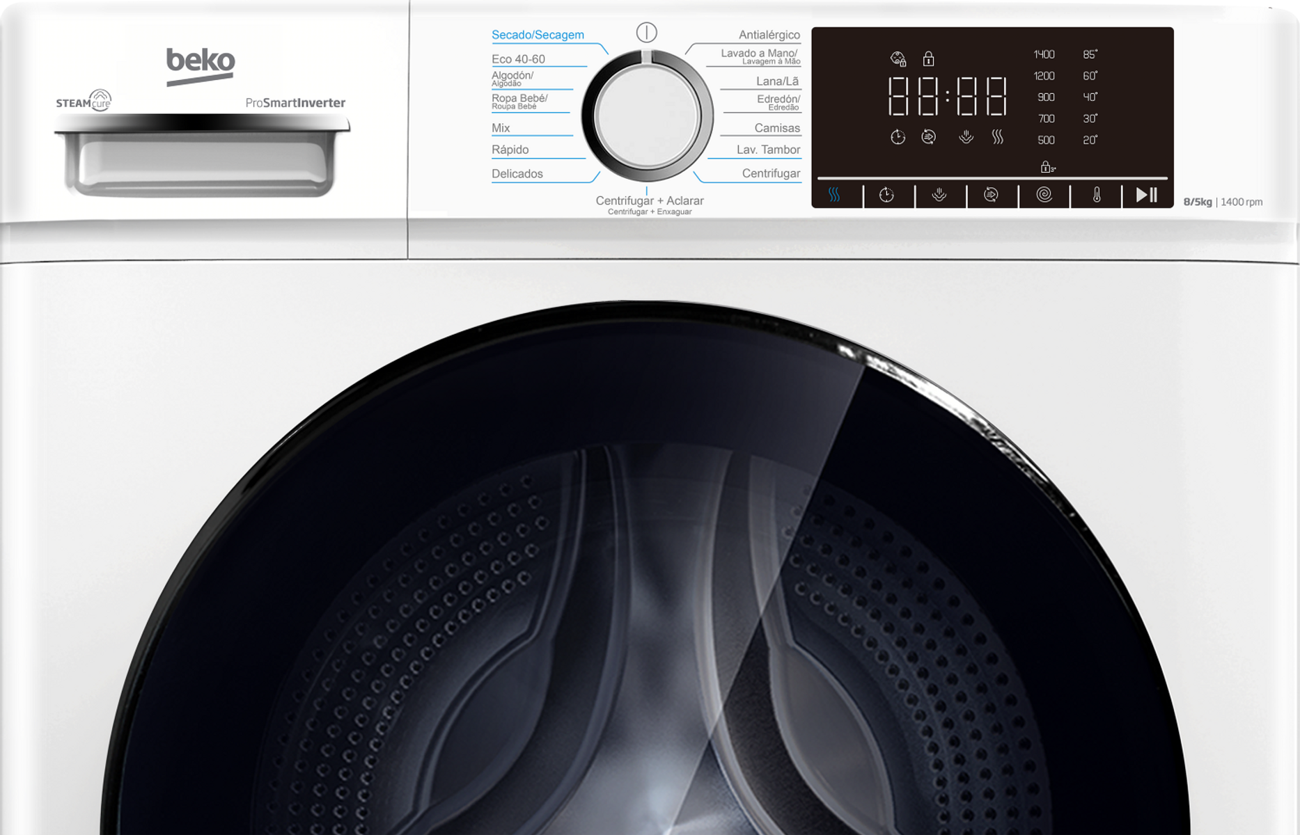 Lavadora blanca Beko con pantalla digital, selector de programas y escotilla.