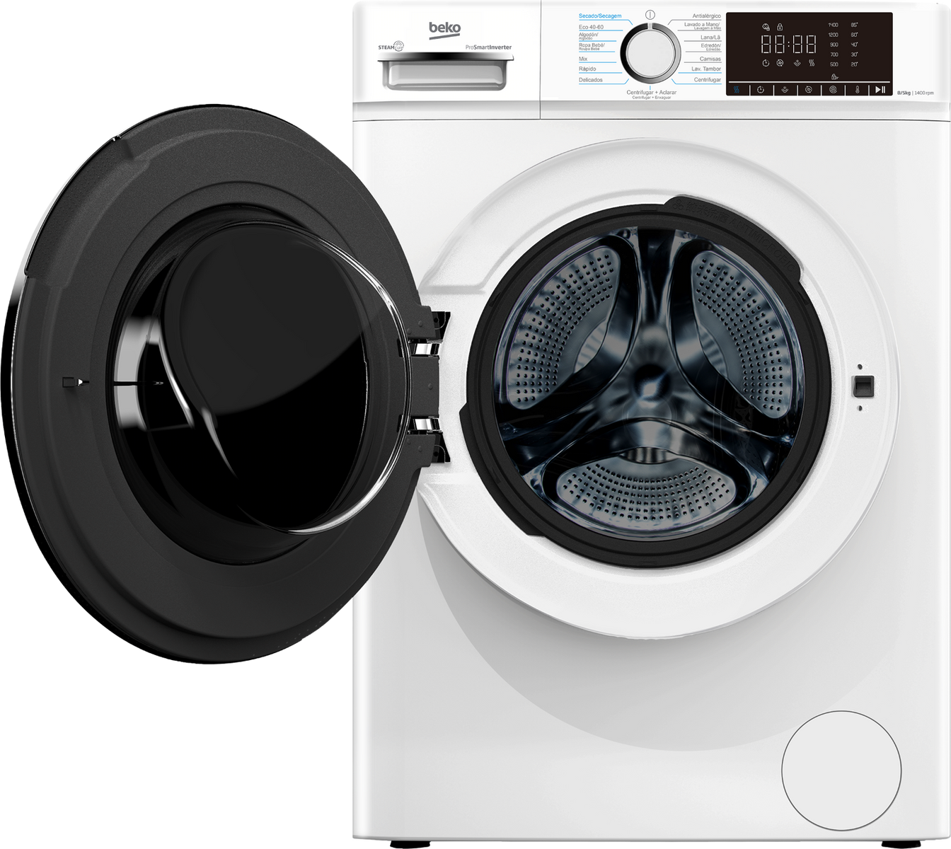 Una lavadora Beko blanca con puerta de cristal negro abierta, mando de control y pantalla digital.
