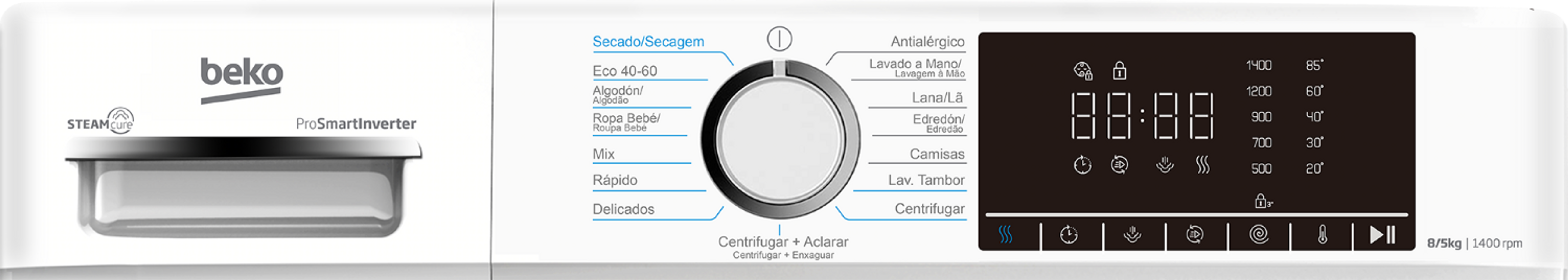 Panel de control de lavadora Beko con selector giratorio, pantalla digital y varios ajustes de lavado.