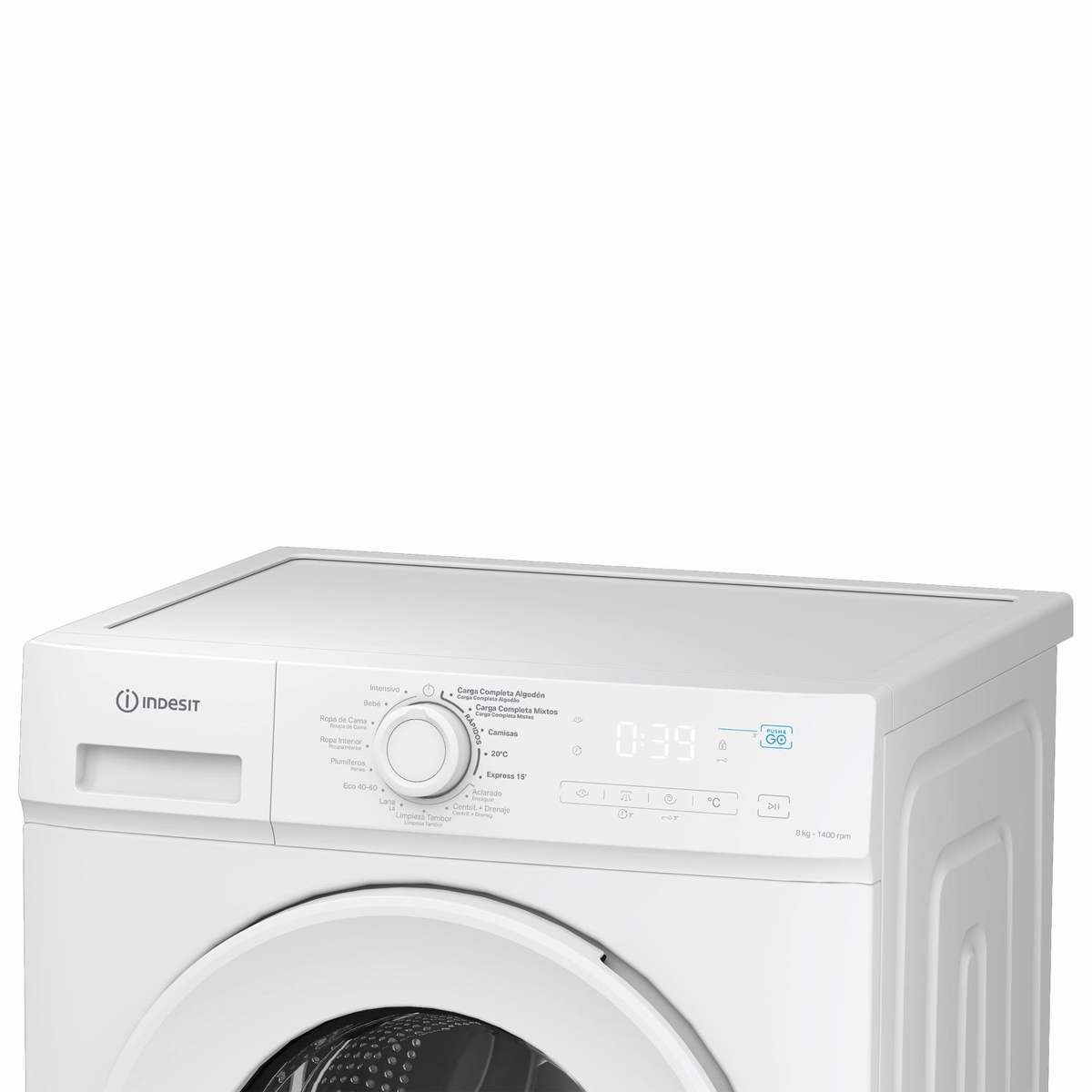 Una lavadora blanca Indesit con selector giratorio, pantalla digital y botones.