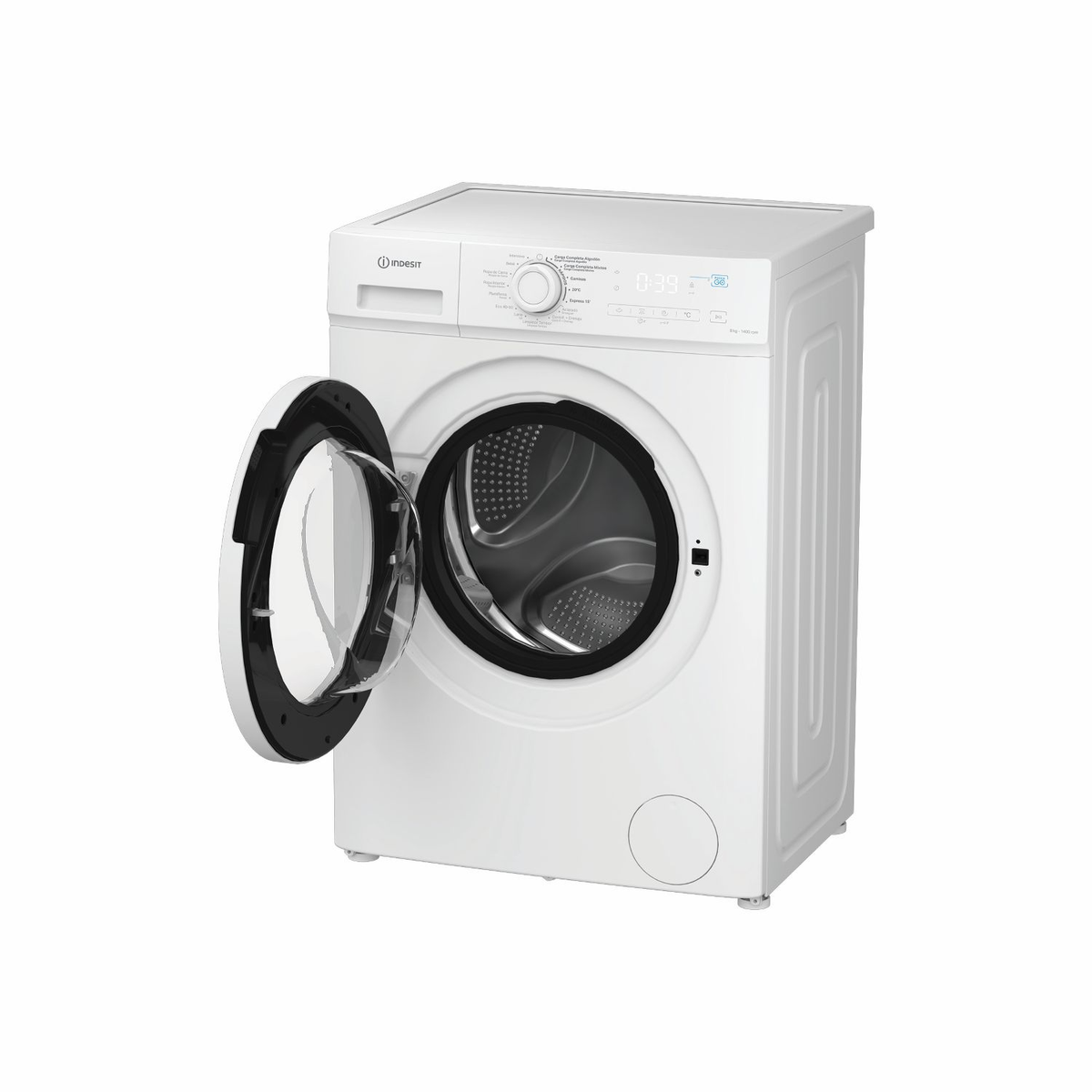 Una lavadora blanca Indesit con la puerta frontal abierta sobre fondo blanco.