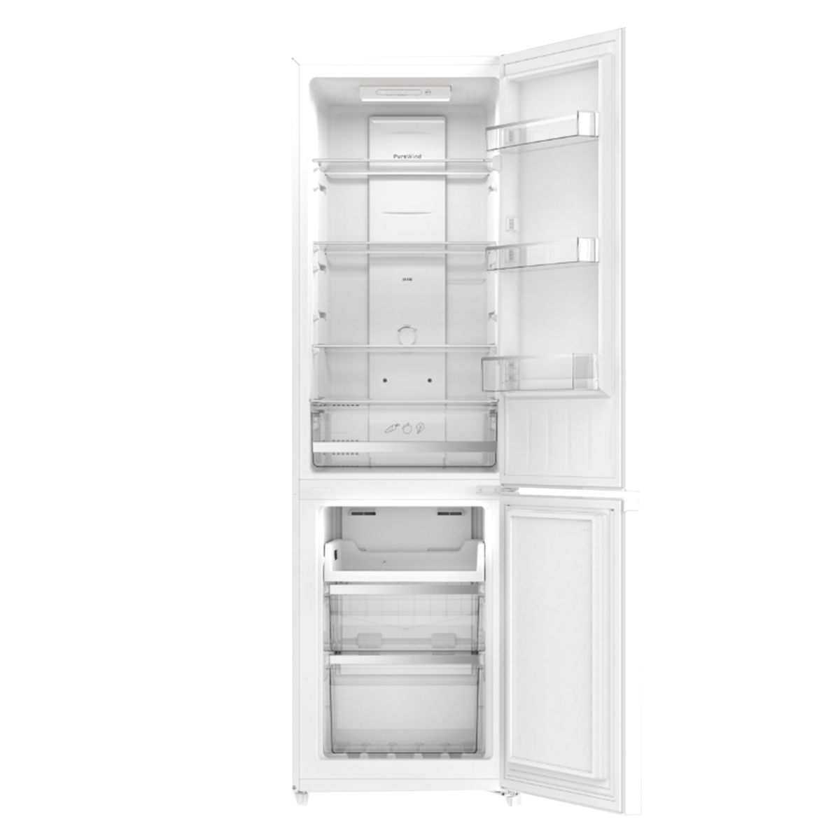 Un refrigerador abierto blanco con múltiples estantes y cajones para verduras en la parte inferior sobre fondo blanco.