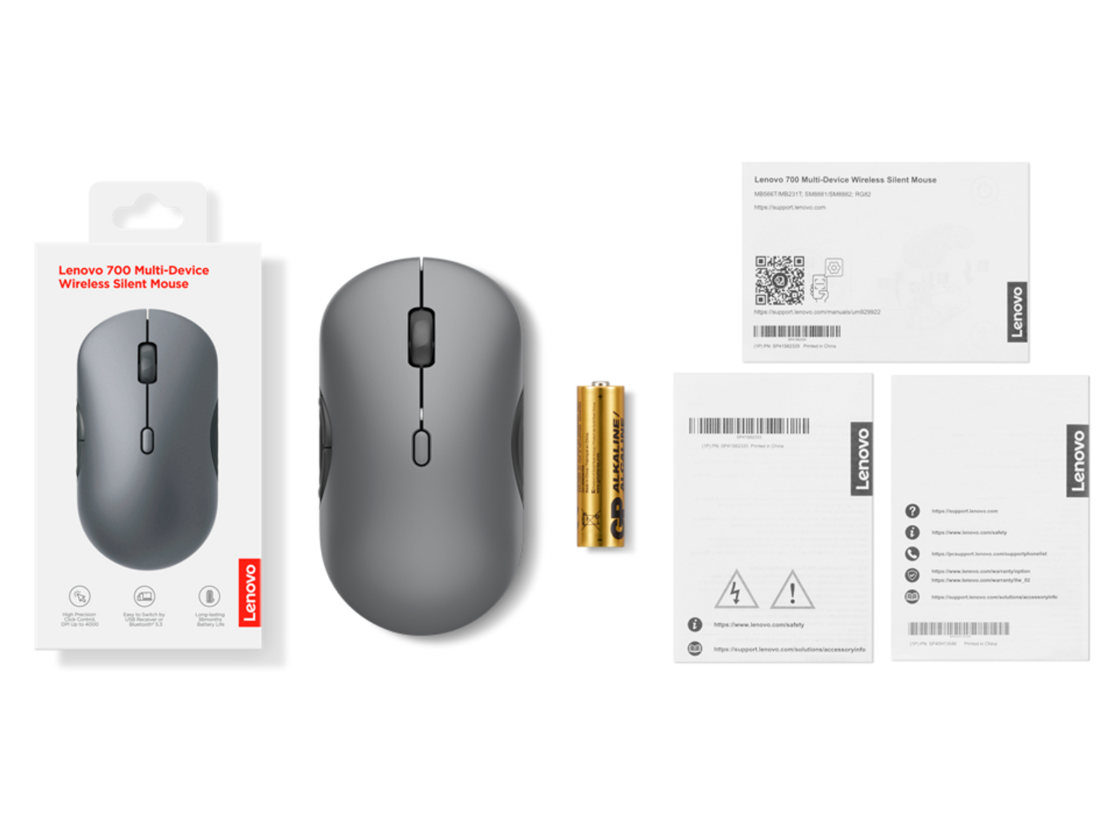 Ratón inalámbrico Lenovo 700 con su caja, batería y documentación sobre fondo negro.