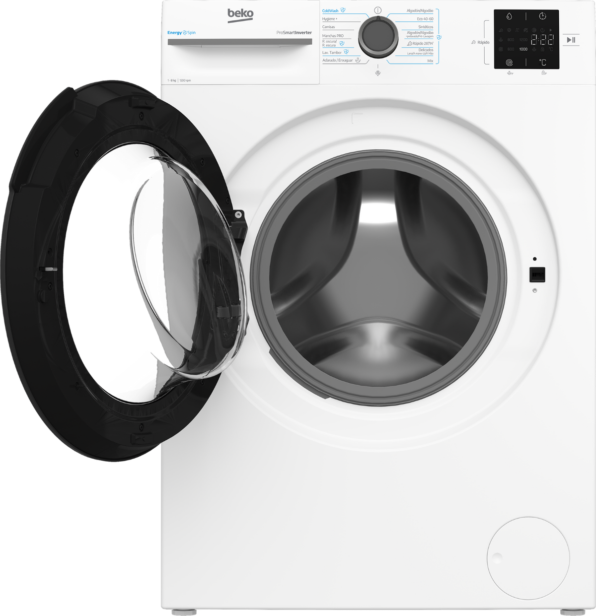 Una lavadora Beko blanca con la puerta de cristal negro abierta.