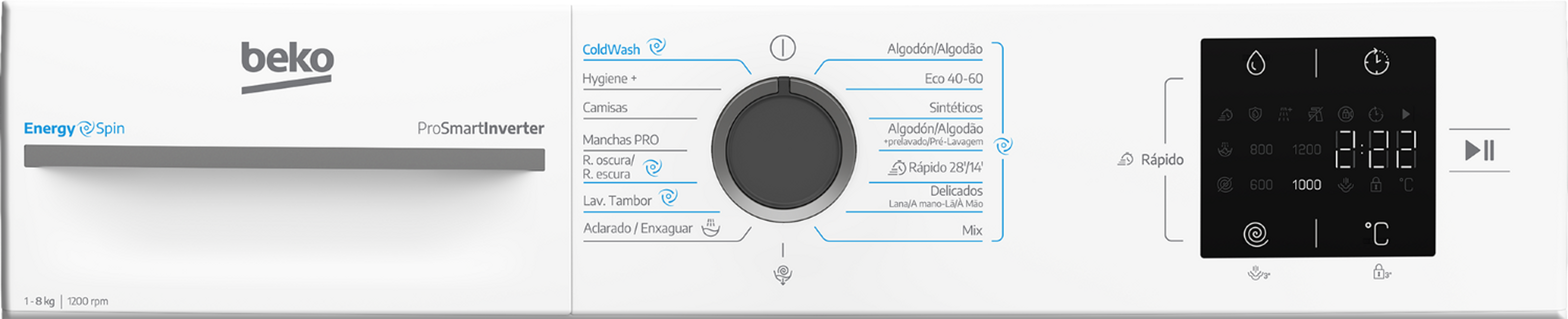 Panel de lavadora Beko con mando giratorio, programas y pantalla digital.