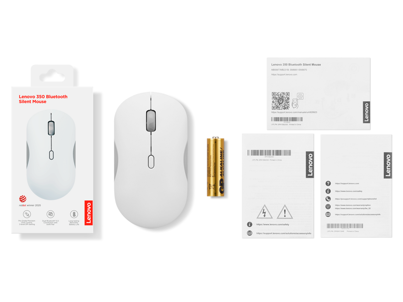 Mouse silenzioso Bluetooth Lenovo 350 con scatola, batteria e manuali.