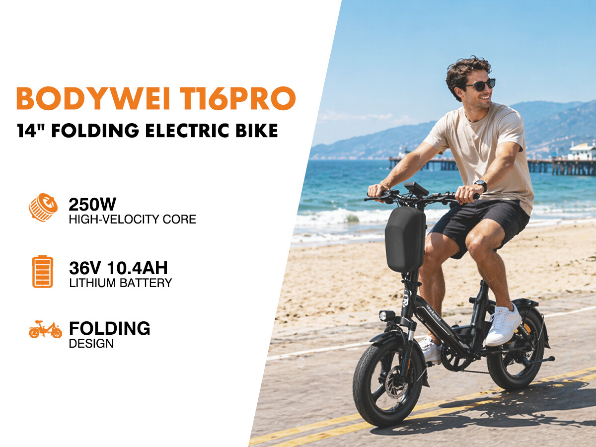 Ein Mann fährt ein schwarzes E-Bike an einem sonnigen Strand, mit Text über das Fahrrad links.