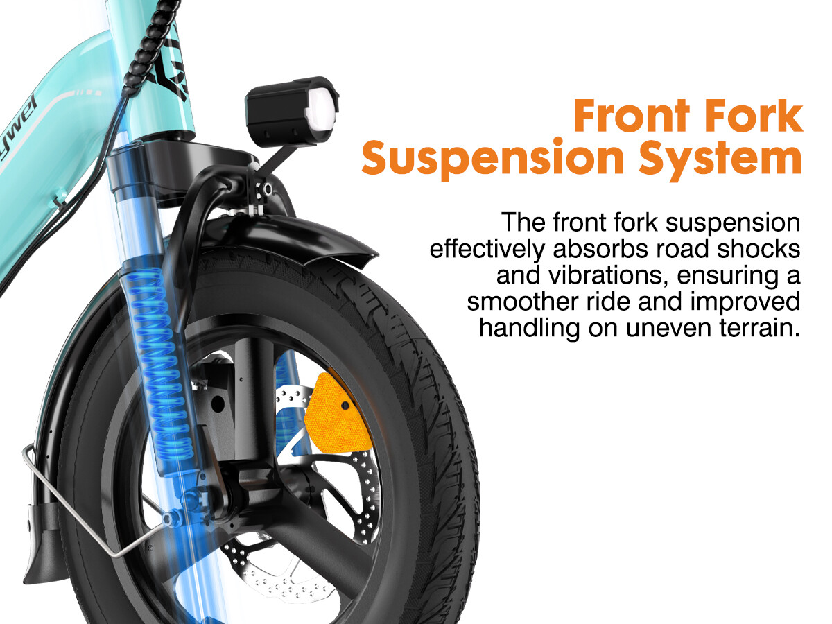 Nahaufnahme der Vorderradgabel-Federung eines hellblauen E-Bikes mit Text.