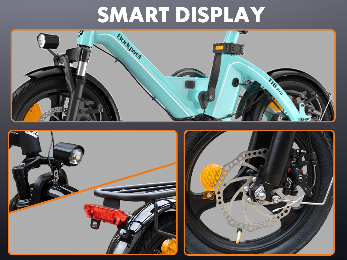 Ein hellblaues Bodywel T16 Pro E-Bike mit Details zu Rahmen, Scheinwerfer, Rücklicht, Gepäckträger und Scheibenbremse.