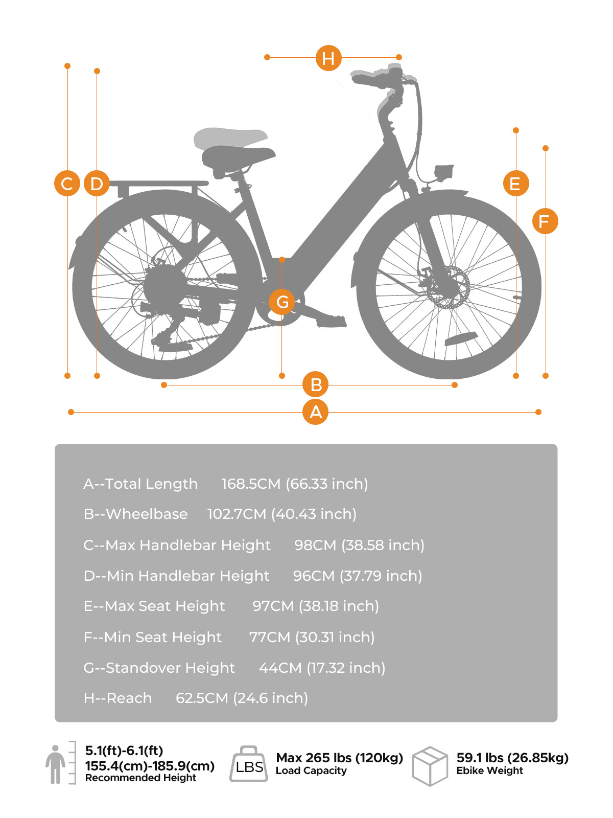 Technische Zeichnung eines E-Bikes mit Maßangaben und Größeninformationen.