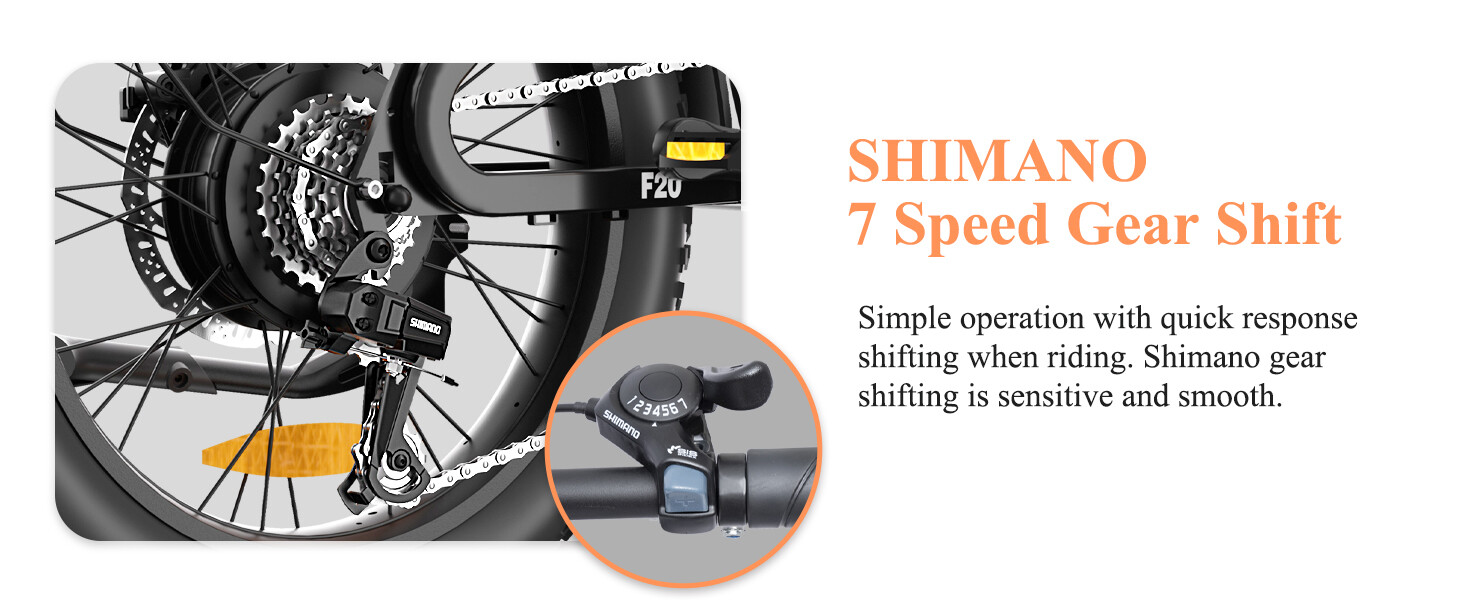 Nahaufnahme einer Fahrradgangschaltung und Lenkerschaltung, begleitet von Text über Shimano 7-Gang-Schaltungen.