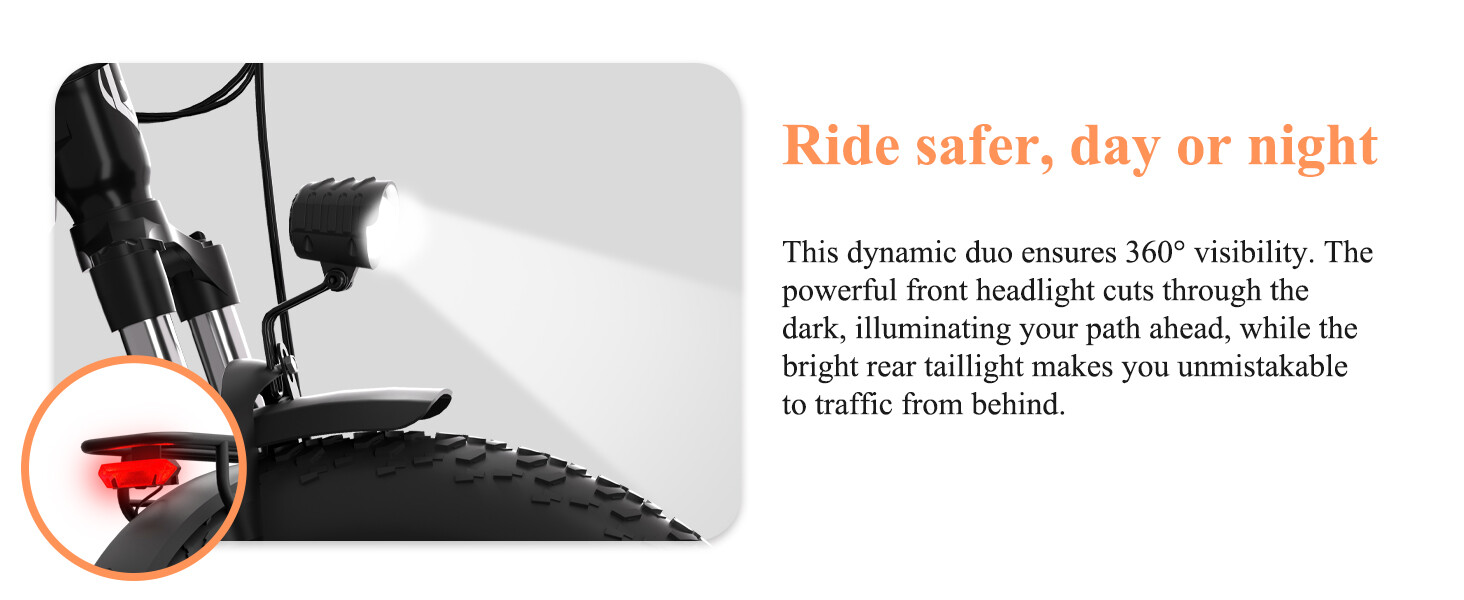 E-Bike Scheinwerfer und rotes Rücklicht mit Text zur Verkehrssicherheit.