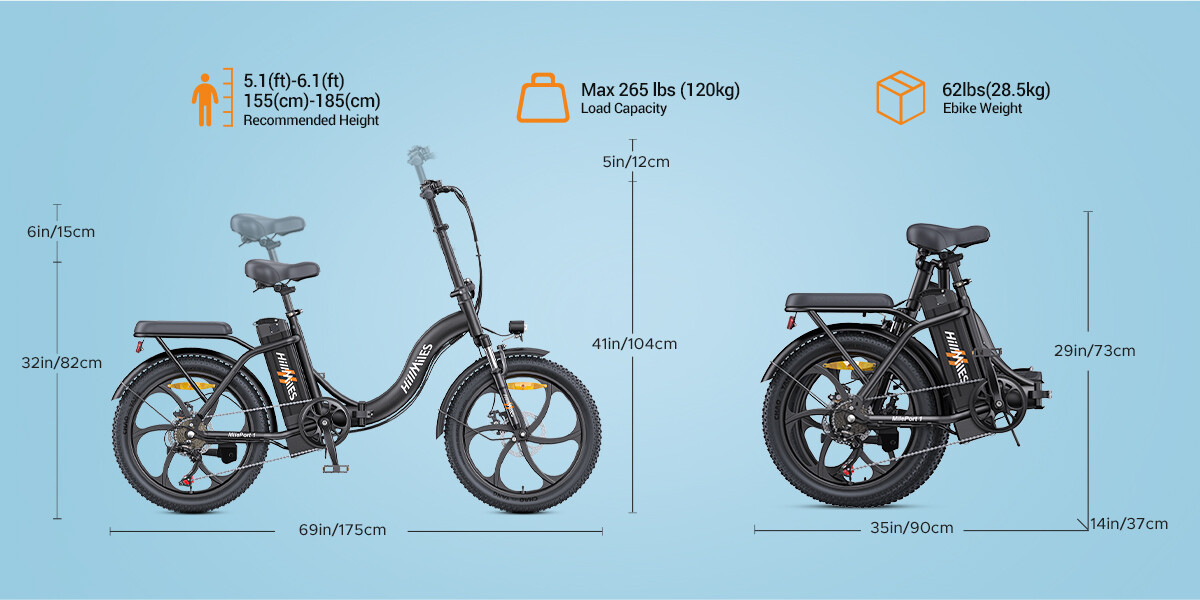 Ein schwarzes Klapp-E-Bike in offener und zusammengeklappter Form mit Maßangaben vor hellblauem Hintergrund.