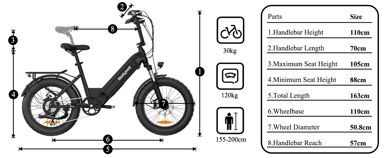 Diagramm eines E-Bikes mit beschrifteten Maßen und einer Größentabelle.