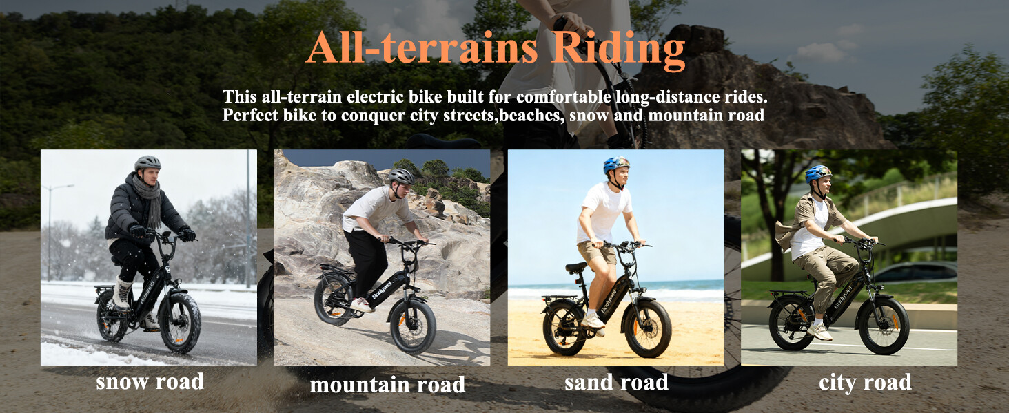 Ein E-Bike auf Schnee-, Berg-, Sand- und Stadtstraßen mit Text zu All-Terrain-Eigenschaften.