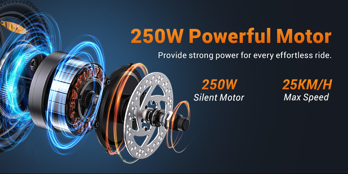 Diagramm eines leistungsstarken 250W E-Bike Motors mit blauem Licht und technischen Texten.