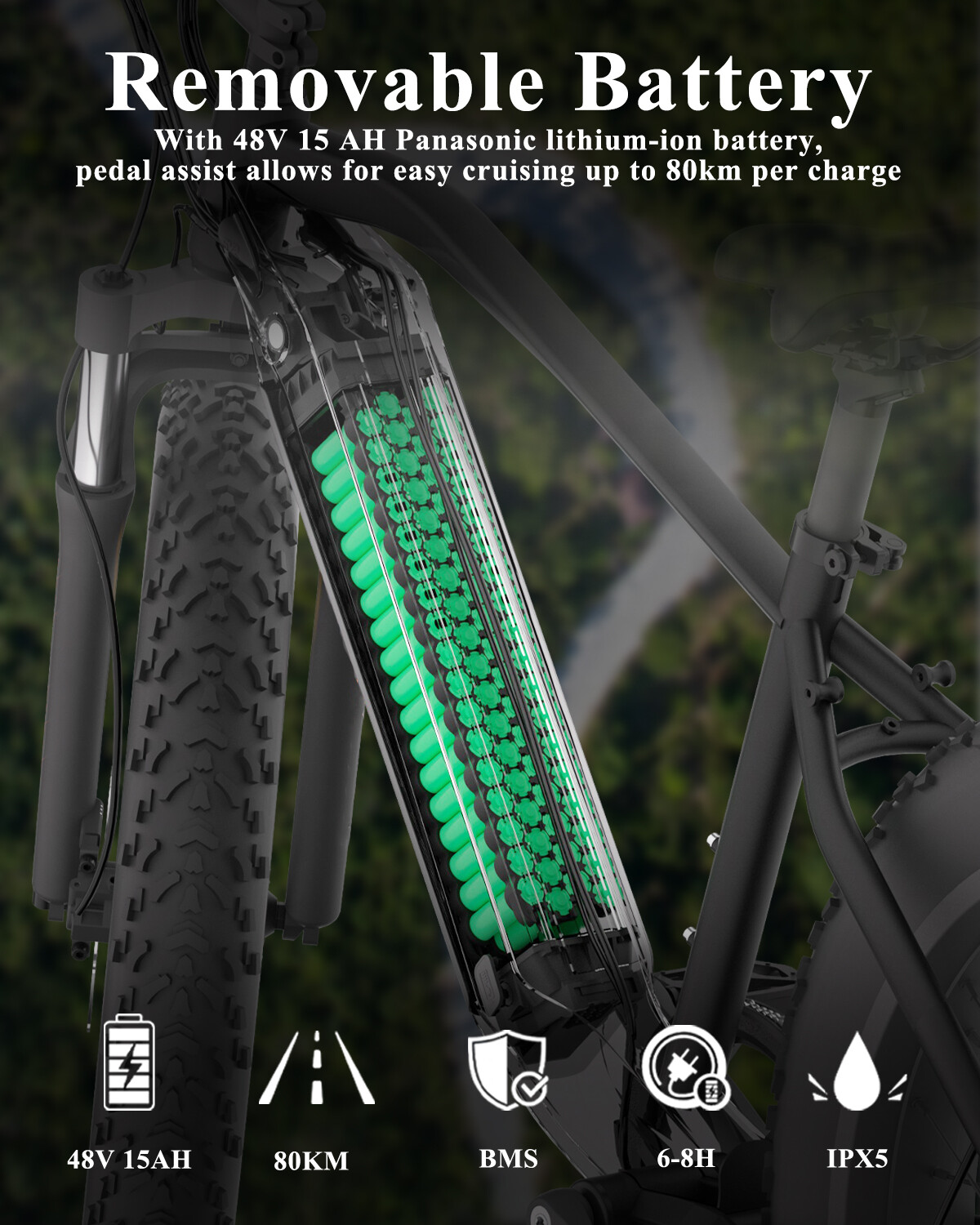 E-Bike-Rahmen mit transparenter Ansicht des grünen 48V 15Ah Panasonic-Akkus.