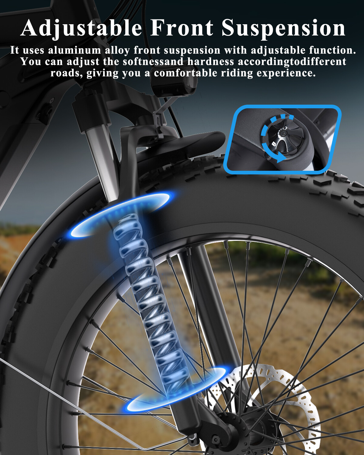 Fahrrad-Vorderradgabel mit Aluminiumlegierung und verstellbarer Federung, einschließlich einer Verstellknopf-Nahaufnahme.