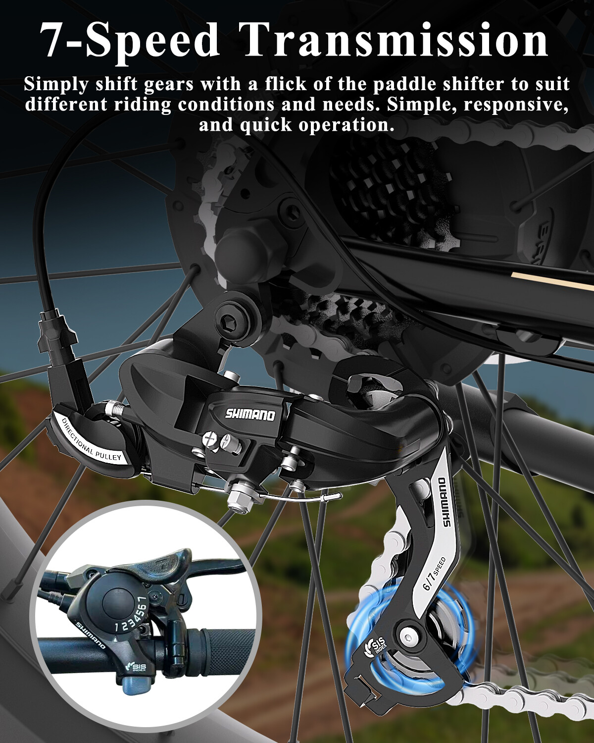Shimano 7-Gang-Schaltwerk an einem Fahrrad, mit Schalthebel im Inlay.