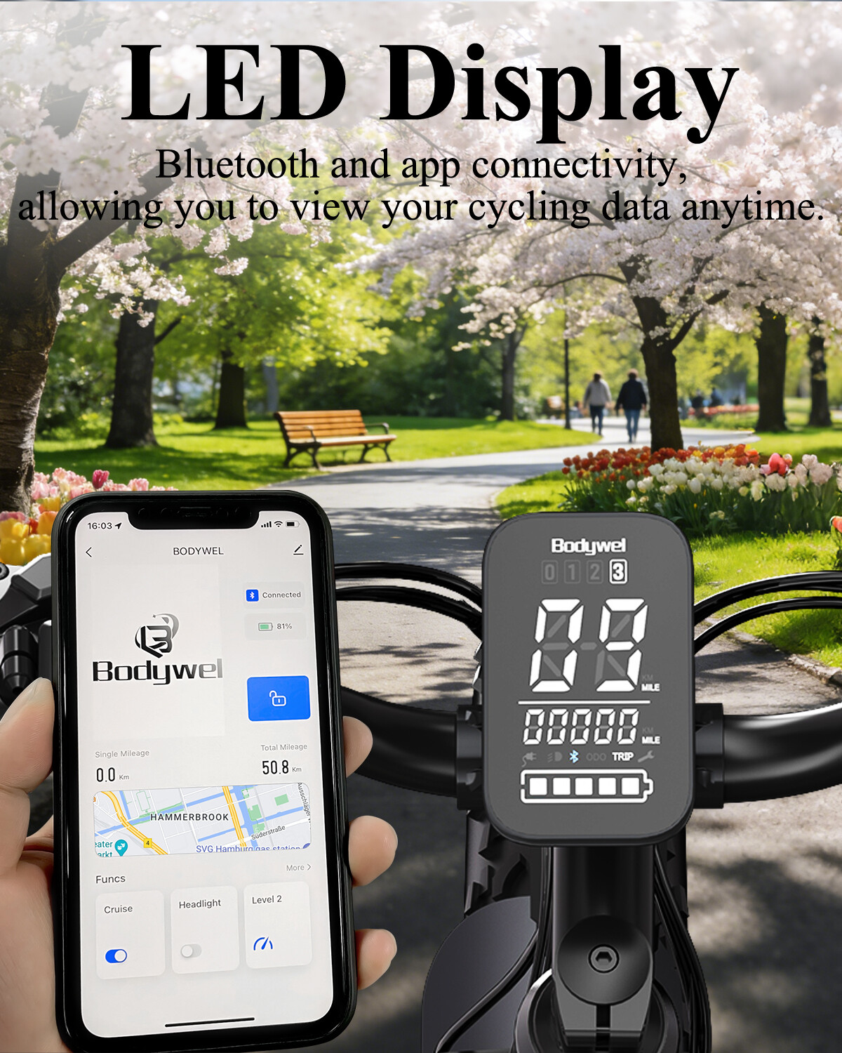 Smartphone zeigt App und Lenker mit LED-Display vor einem Frühlingspark.
