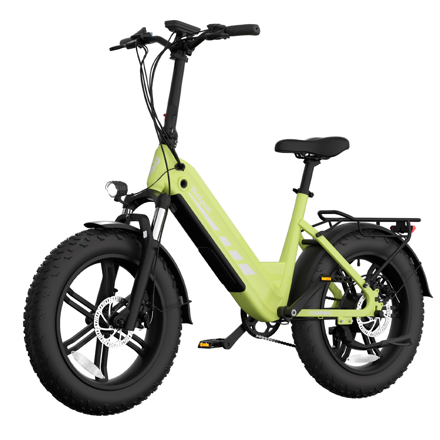 Ein hellgrünes E-Bike mit dicken Reifen, Gepäckträger und Scheibenbremsen vor weißem Hintergrund.