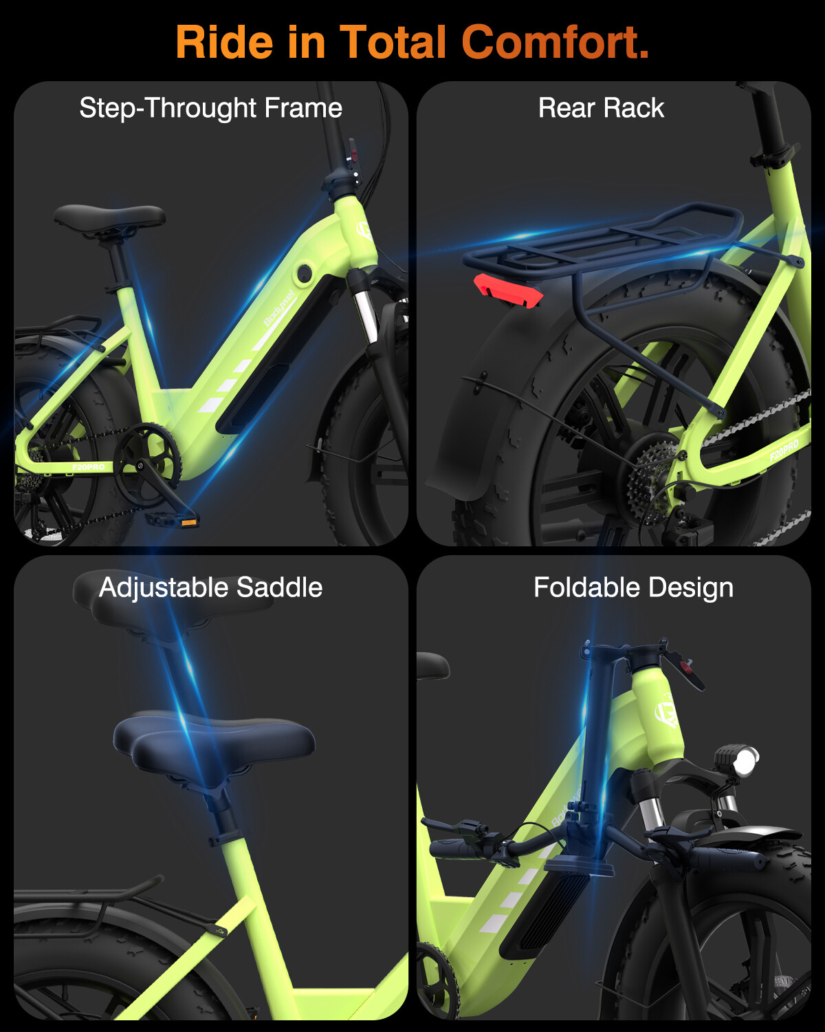 Vier Bilder zeigen Features eines hellgrünen E-Bikes: Rahmen, Gepäckträger, Sattel und Faltbarkeit.