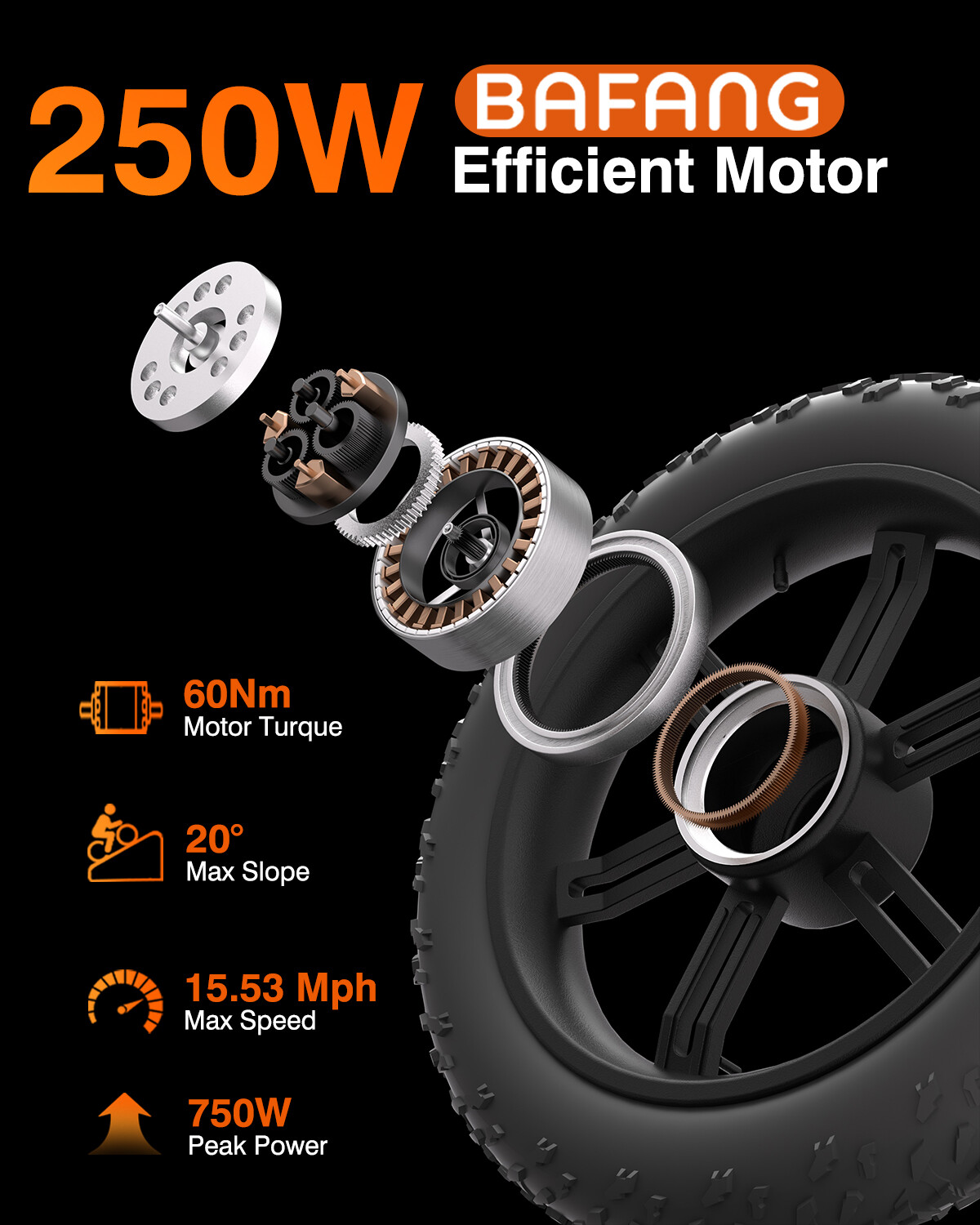 Explosionsansicht eines Bafang E-Bike-Motors mit technischen Daten wie 250W, 60Nm Drehmoment und 15.53 Mph Höchstgeschwindigkeit.