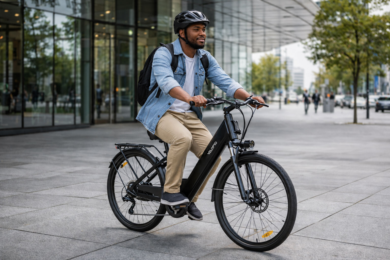 Ein lächelnder Mann mit Helm und Rucksack fährt ein schwarzes E-Bike auf einem Stadtplatz.