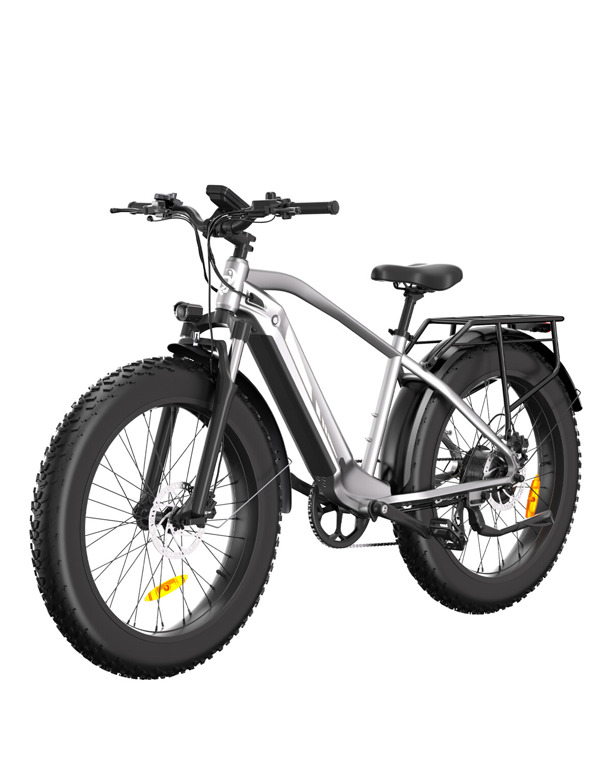 Ein silbernes E-Fatbike mit dicken Reifen, Gepäckträger und Scheibenbremsen, freigestellt auf weißem Hintergrund.