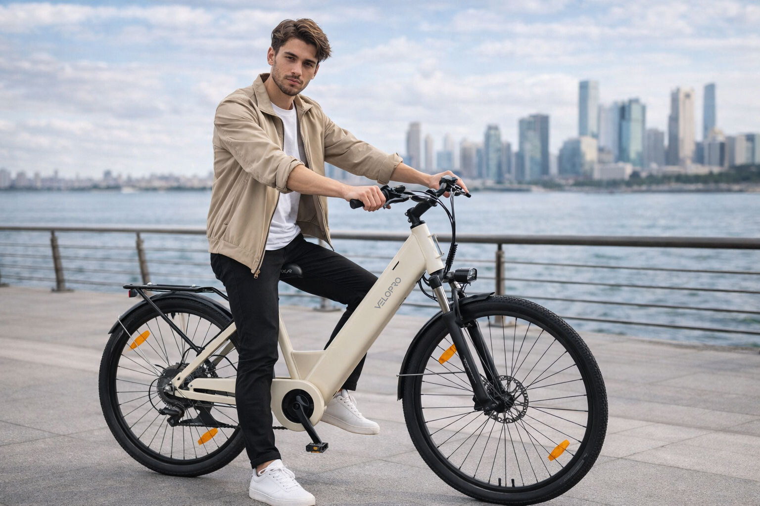 Ein Mann sitzt auf einem beigen Elektrofahrrad an einer Uferpromenade mit Blick auf eine Skyline.