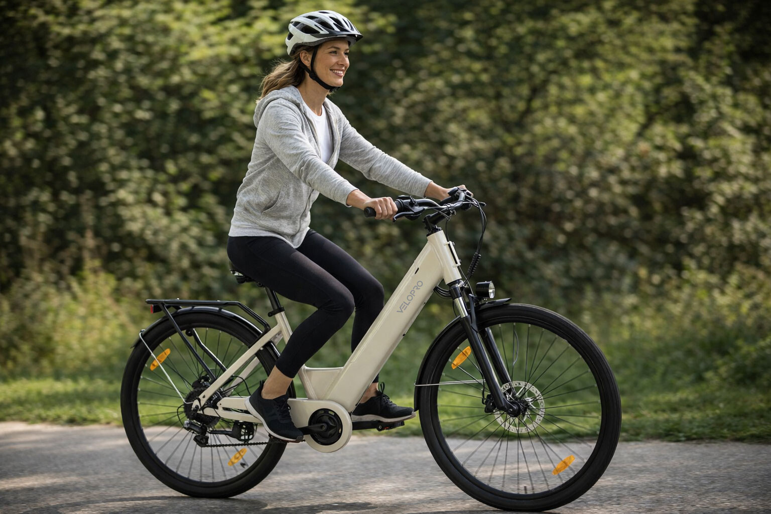 Eine lächelnde Frau mit Helm fährt ein helles E-Bike auf einem Waldweg.