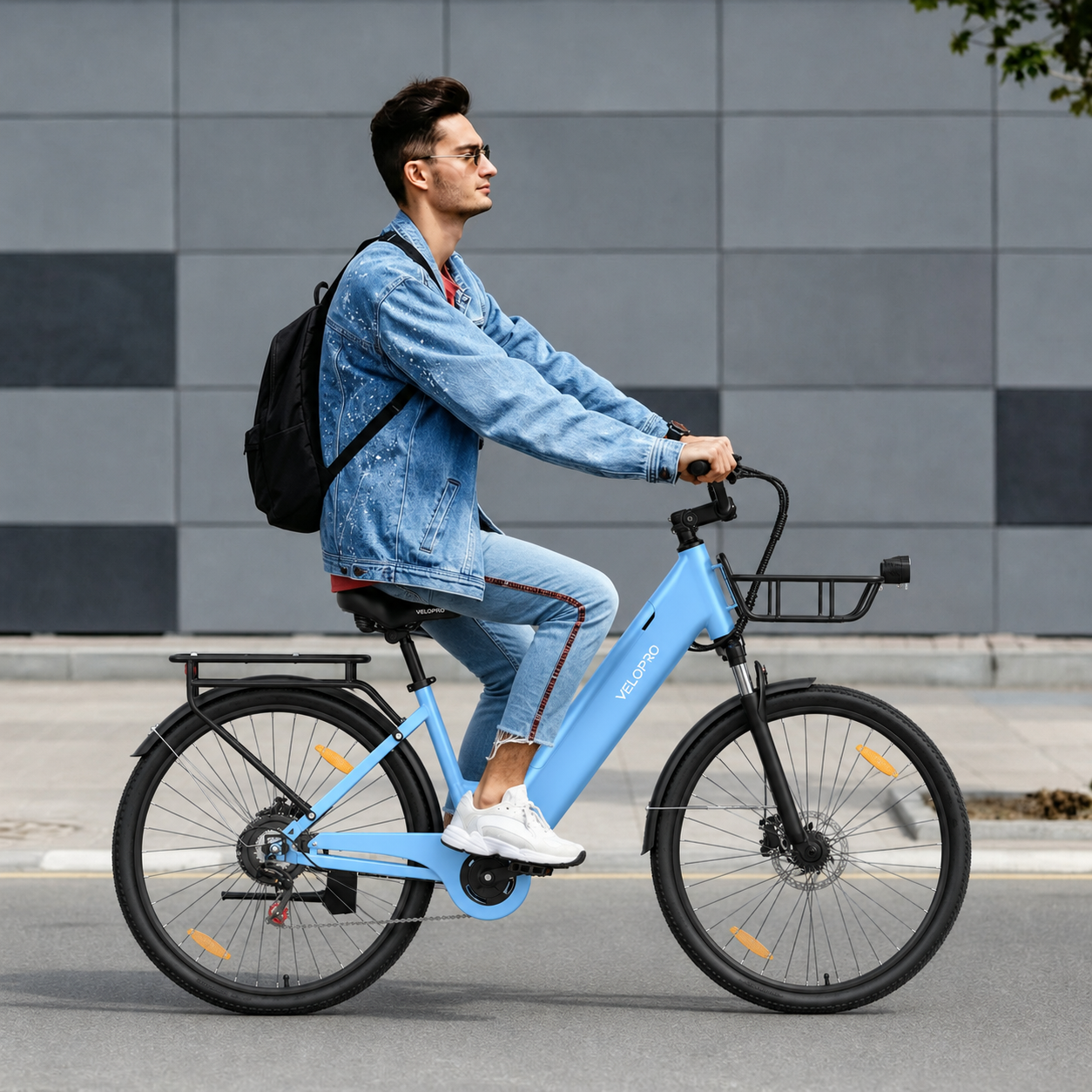 Ein junger Mann mit Brille und Rucksack fährt ein hellblaues E-Bike auf einer Straße vor einer grauen Wand.