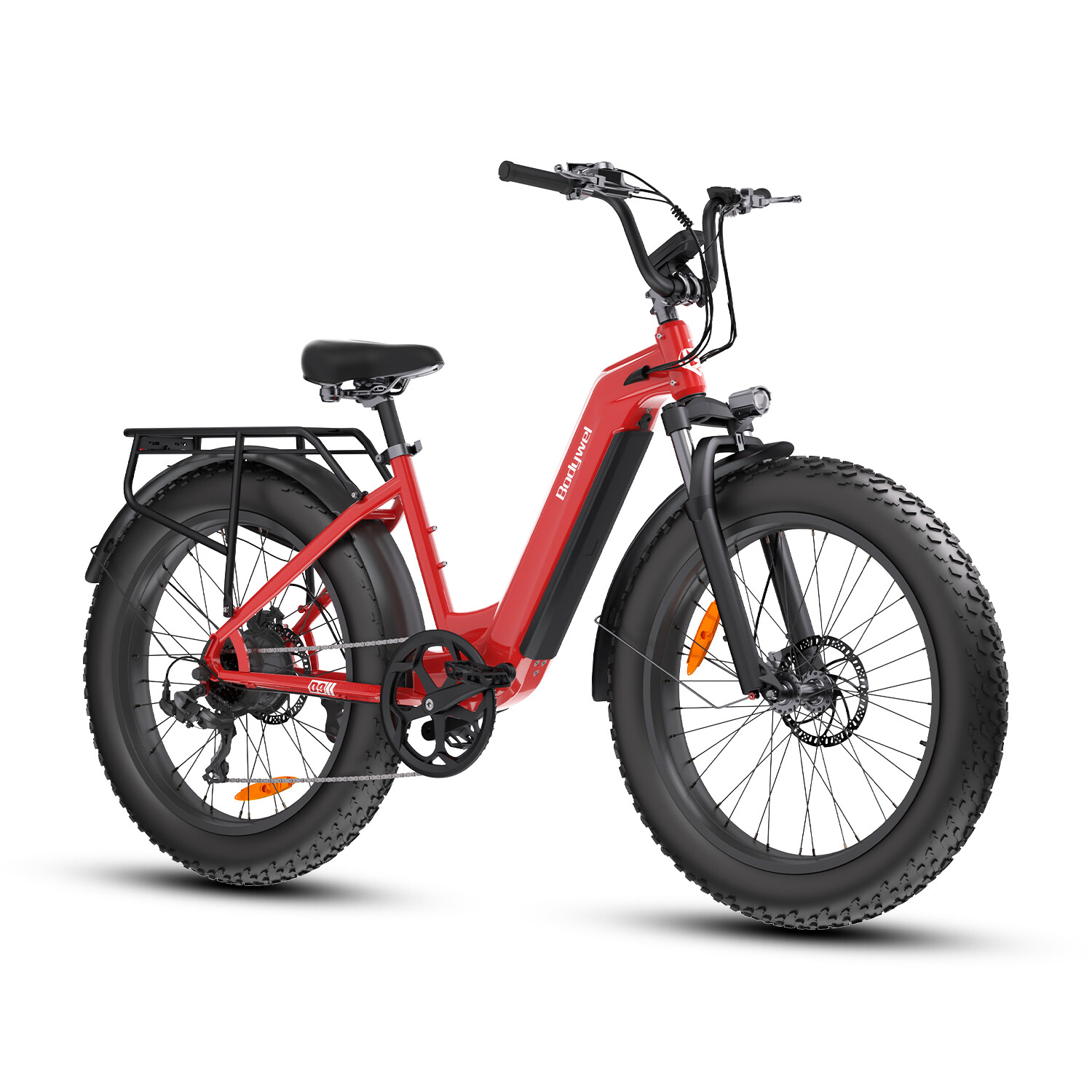 Ein rotes Elektrofahrrad mit dicken Reifen, Gepäckträger und schwarzem Akku auf weißem Hintergrund.