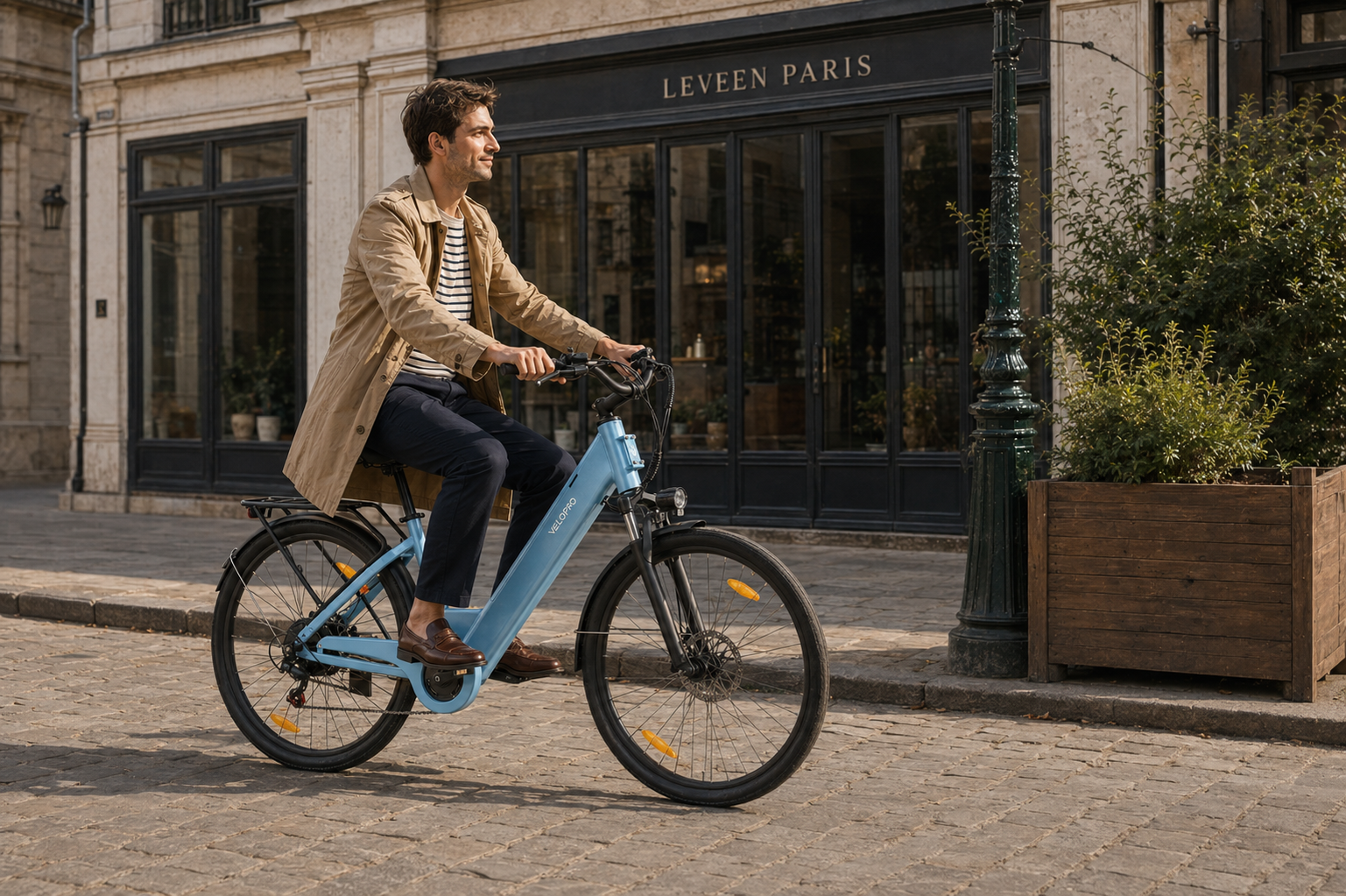 Un uomo guida una bicicletta elettrica azzurra su una strada acciottolata davanti a un negozio.