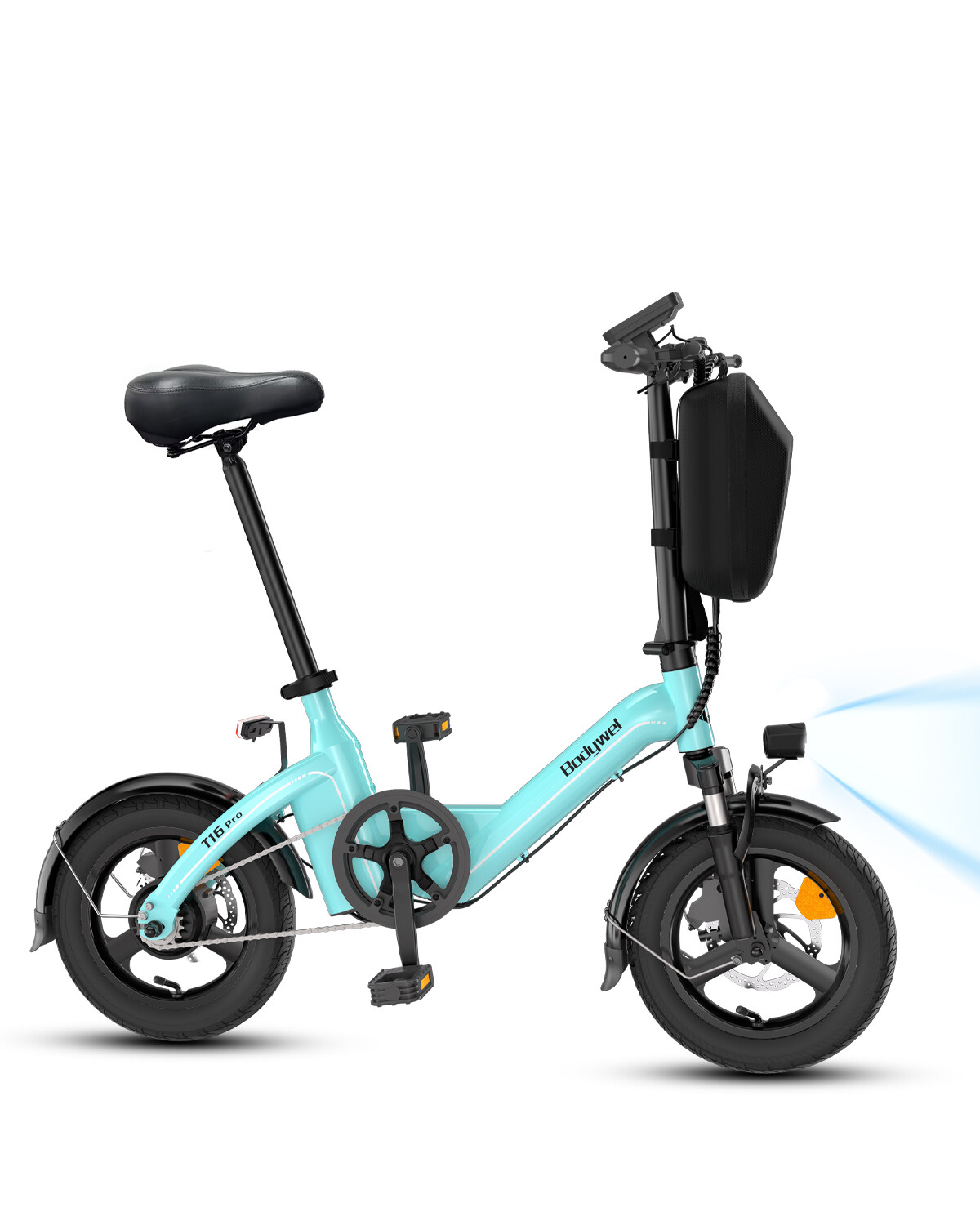 Ein hellblaues Klapp-E-Bike mit schwarzen Rädern, schwarzem Sattel und Lenkertasche vor weißem Hintergrund.