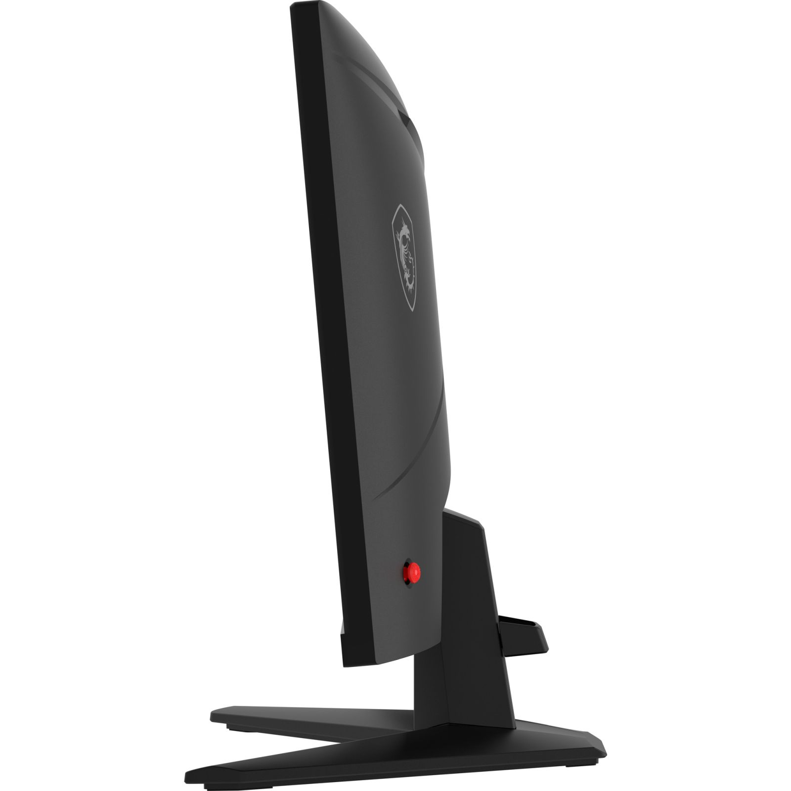 Un monitor curvo negro visto de lado, con un botón de control rojo en la parte trasera y un soporte resistente.
