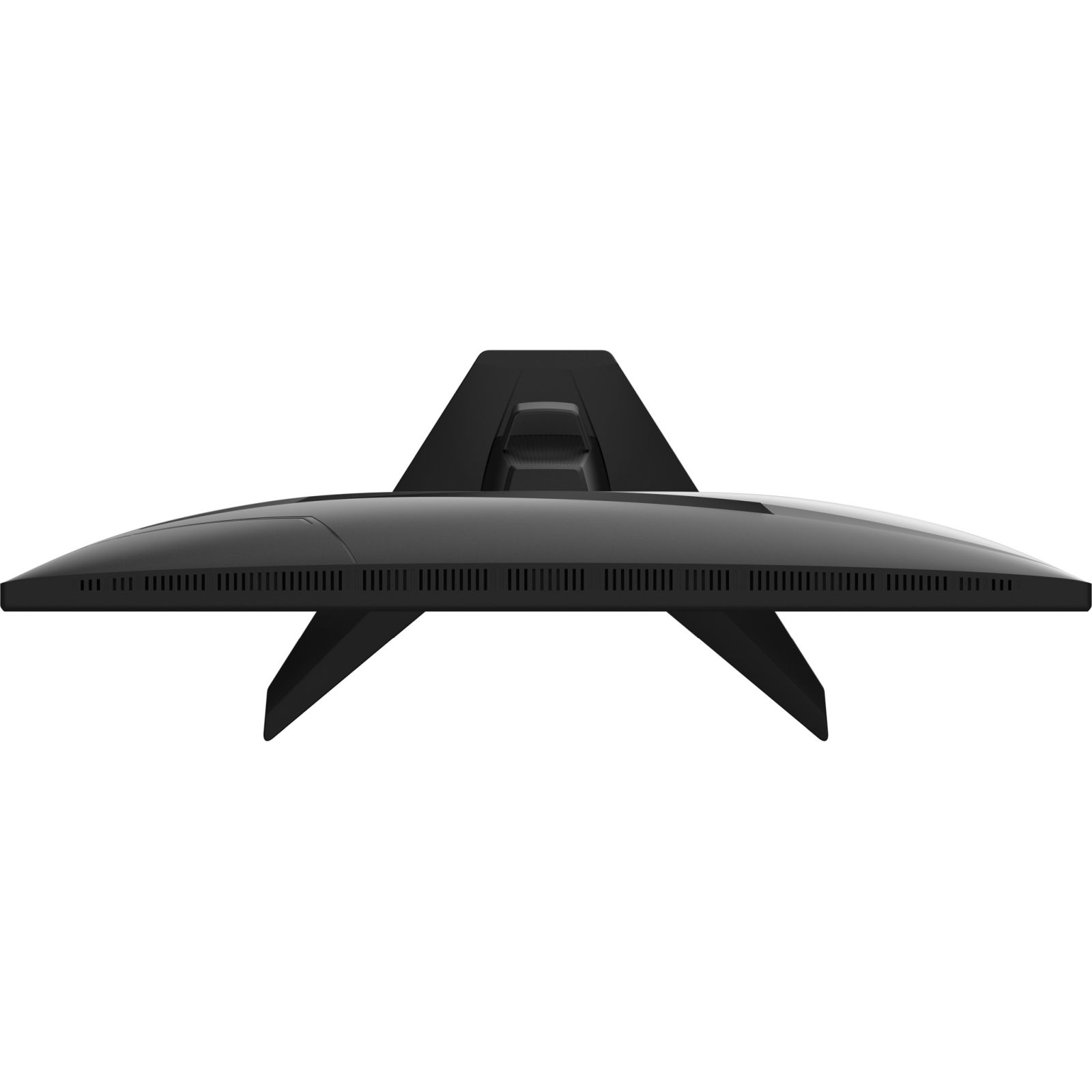 Un monitor de computadora negro visto desde arriba, mostrando la pantalla curva, ranuras de ventilación y soporte.