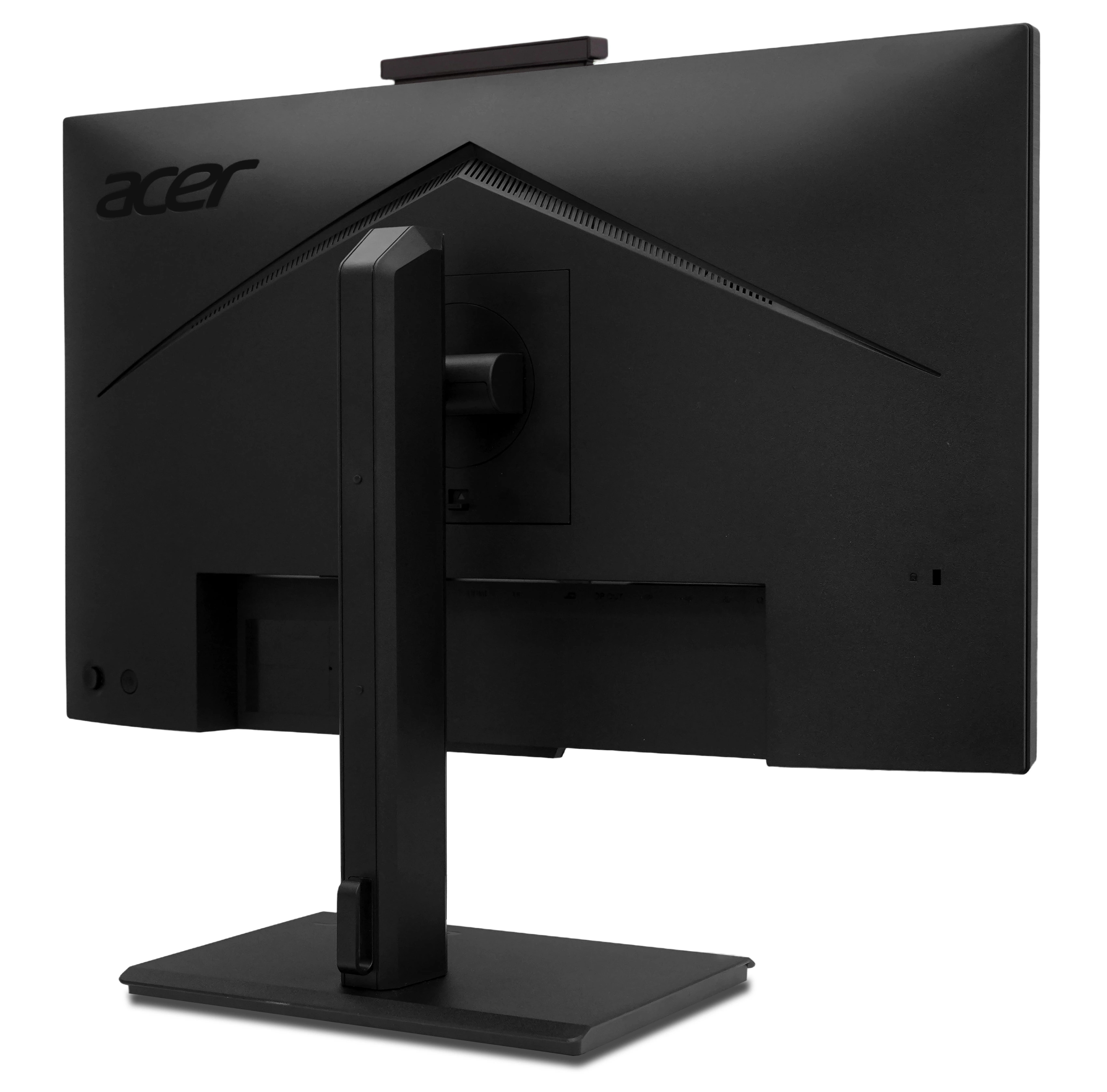 Vista trasera de un monitor de ordenador Acer negro con soporte sobre fondo blanco.
