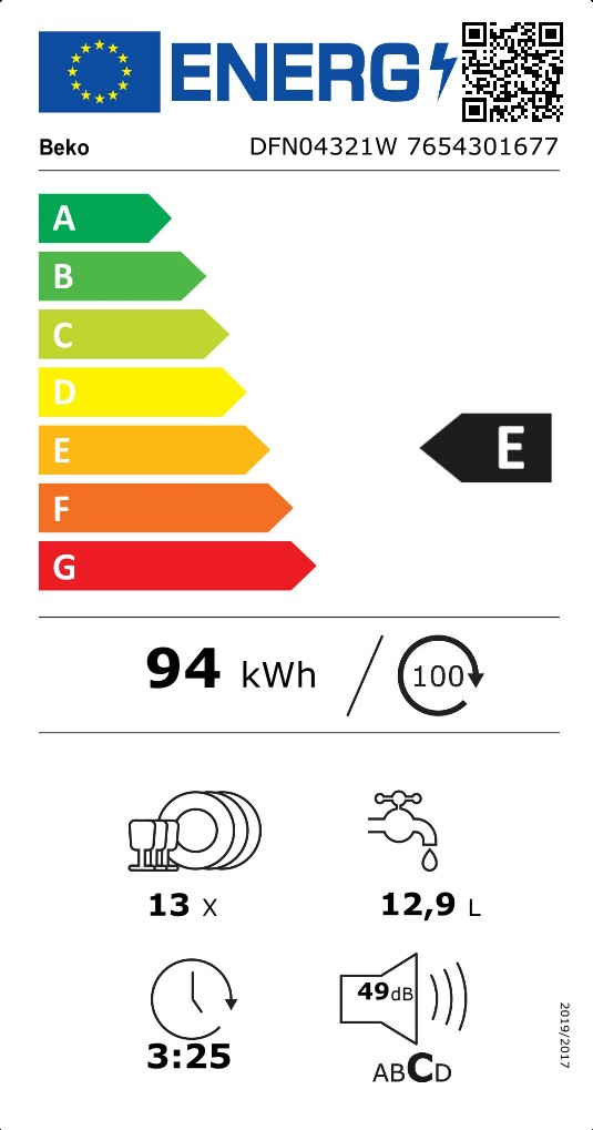 Etichetta energetica Beko DFN04321W con classe E, 94 kWh di consumo, 13 coperti e 49 dB.