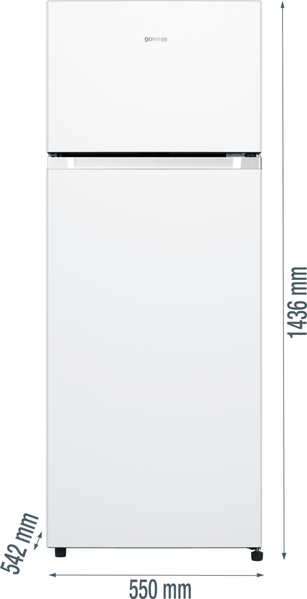 Ein weißer Gorenje-Kühlschrank mit Abmessungen von 1436 mm Höhe, 550 mm Breite und 542 mm Tiefe.