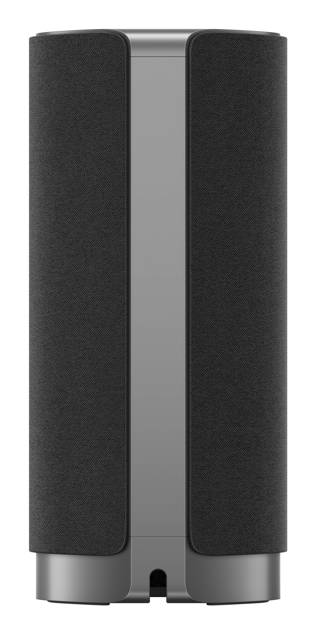 Un altavoz negro cilíndrico con un borde central gris sobre fondo blanco.