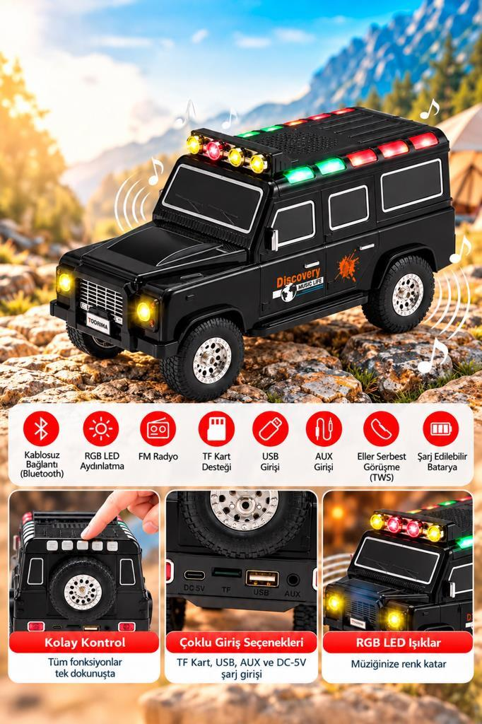 Kayalık zemin üzerinde RGB LED ışıklı ve tuş fonksiyonlu siyah SUV şeklinde bluetooth ses sistemi.