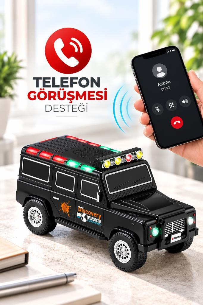 Üzerinde telefon araması yazısı ve ışıklı siyah oyuncak araba, sağ üstte telefon ekranı.