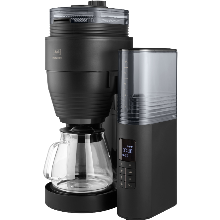 Una macchina da caffè a filtro nera con macinacaffè integrato, caraffa in vetro e serbatoio con display LCD.