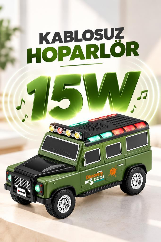 'KABLOSUZ HOPARLÖR' yazılı, 15W güçlü ve ışıklı yeşil SUV oyuncak kablosuz hoparlör.