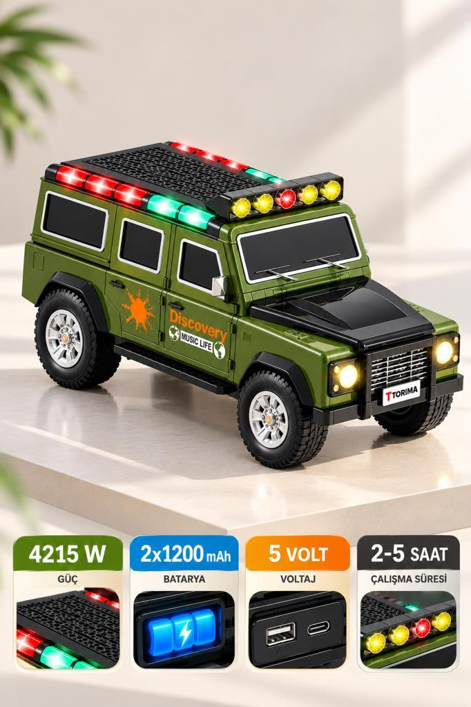 Çatısında ışıklar olan yeşil arazi oyuncak jeep ve altında teknik özellikler.