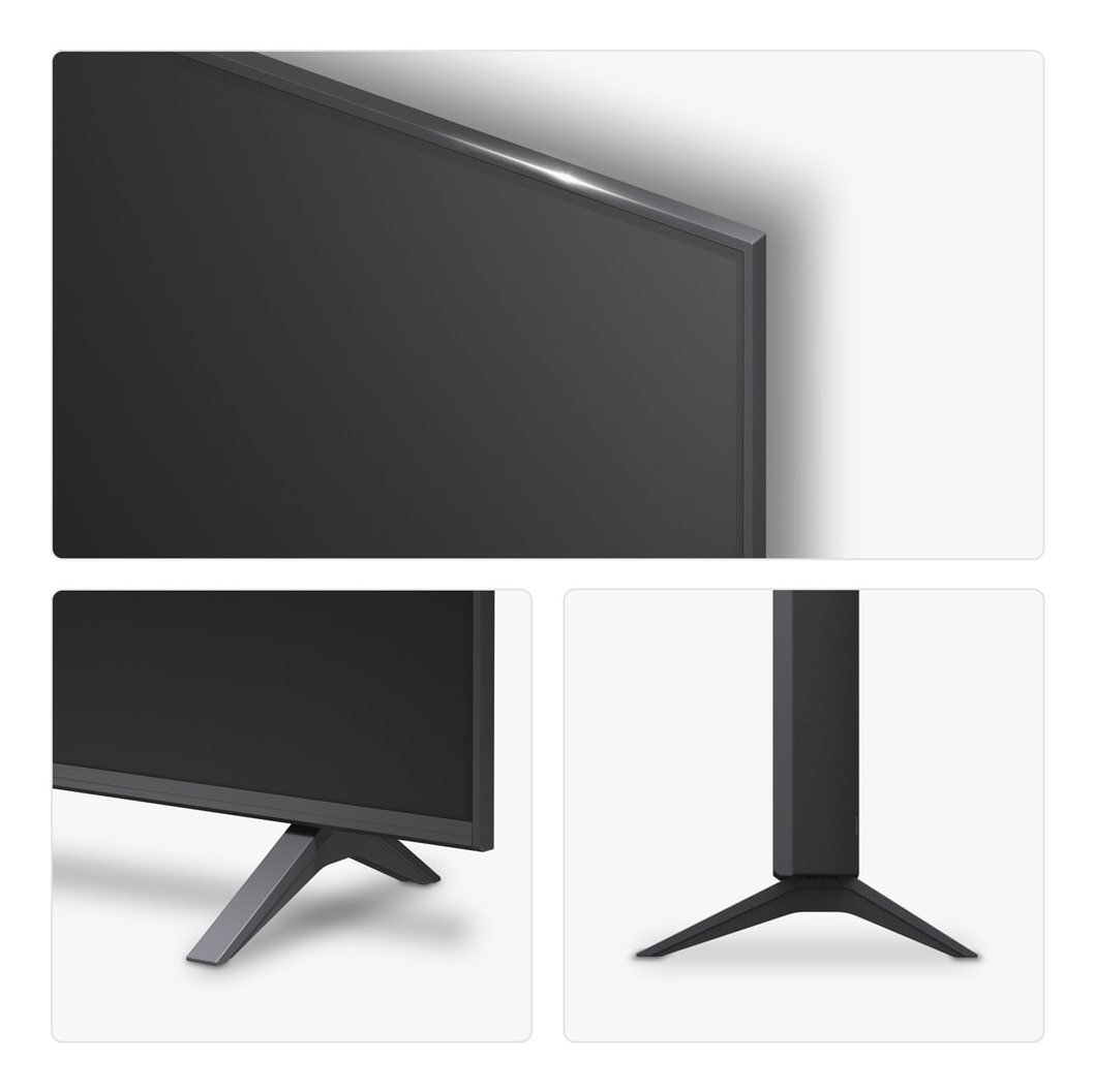 Nahaufnahmen eines Flachbildfernsehers zeigen Ecke, Rahmen und V-förmigen Standfuß vor weißem Hintergrund.
