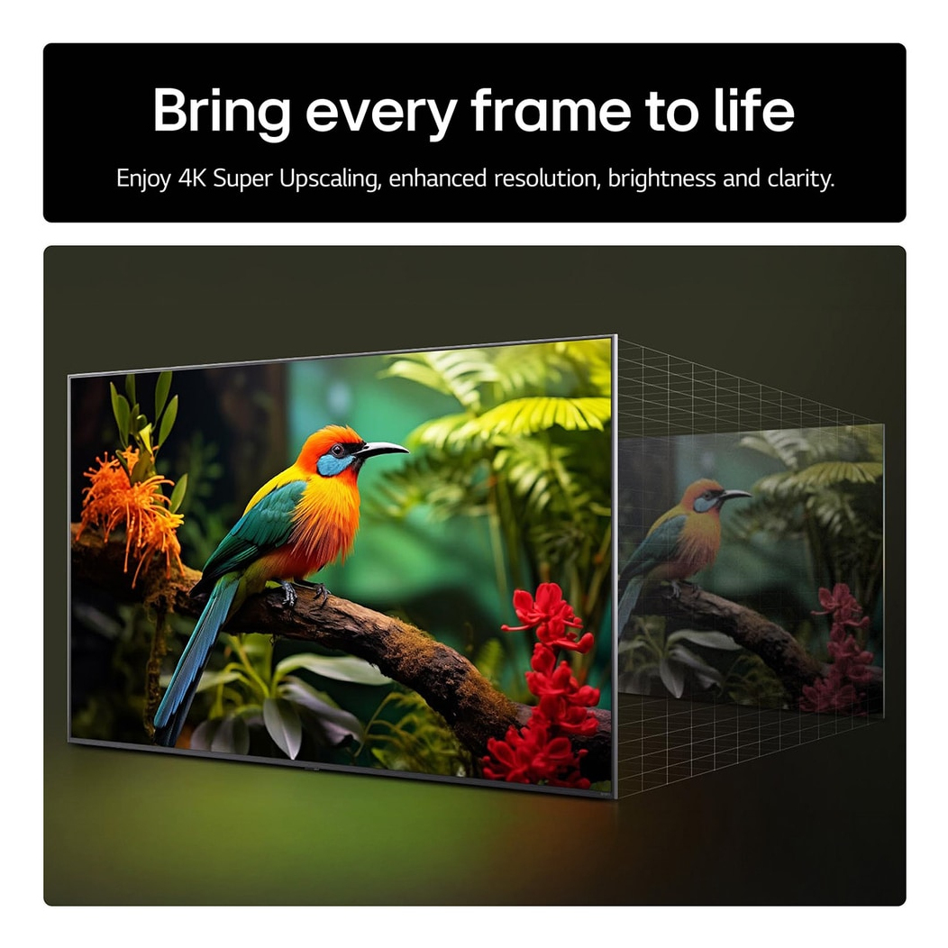 Ein bunter Vogel auf einem Ast auf einem Fernseher mit Gitterlinieneffekt für verbesserte 4K-Skalierung.