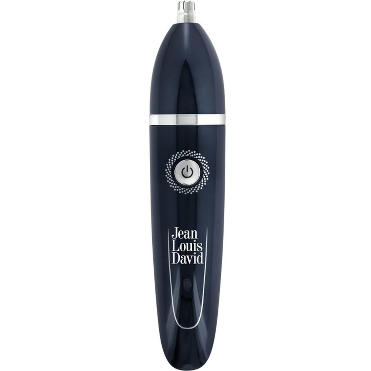 Regolabarba per peli di naso e orecchie Jean Louis David blu scuro con pulsante argento su sfondo bianco.