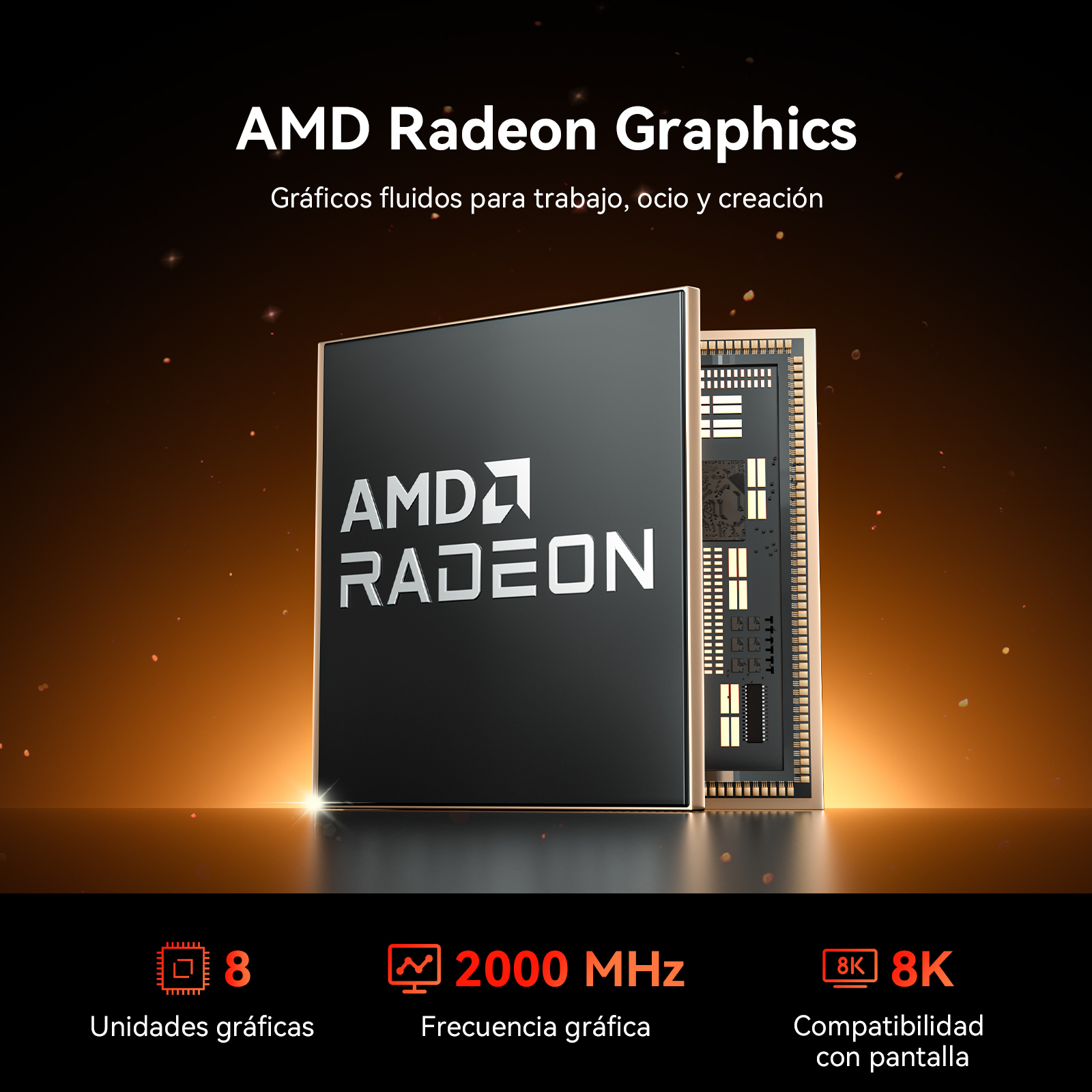 Procesador AMD Radeon Graphics sobre fondo oscuro con especificaciones de unidades, frecuencia y soporte 8K.